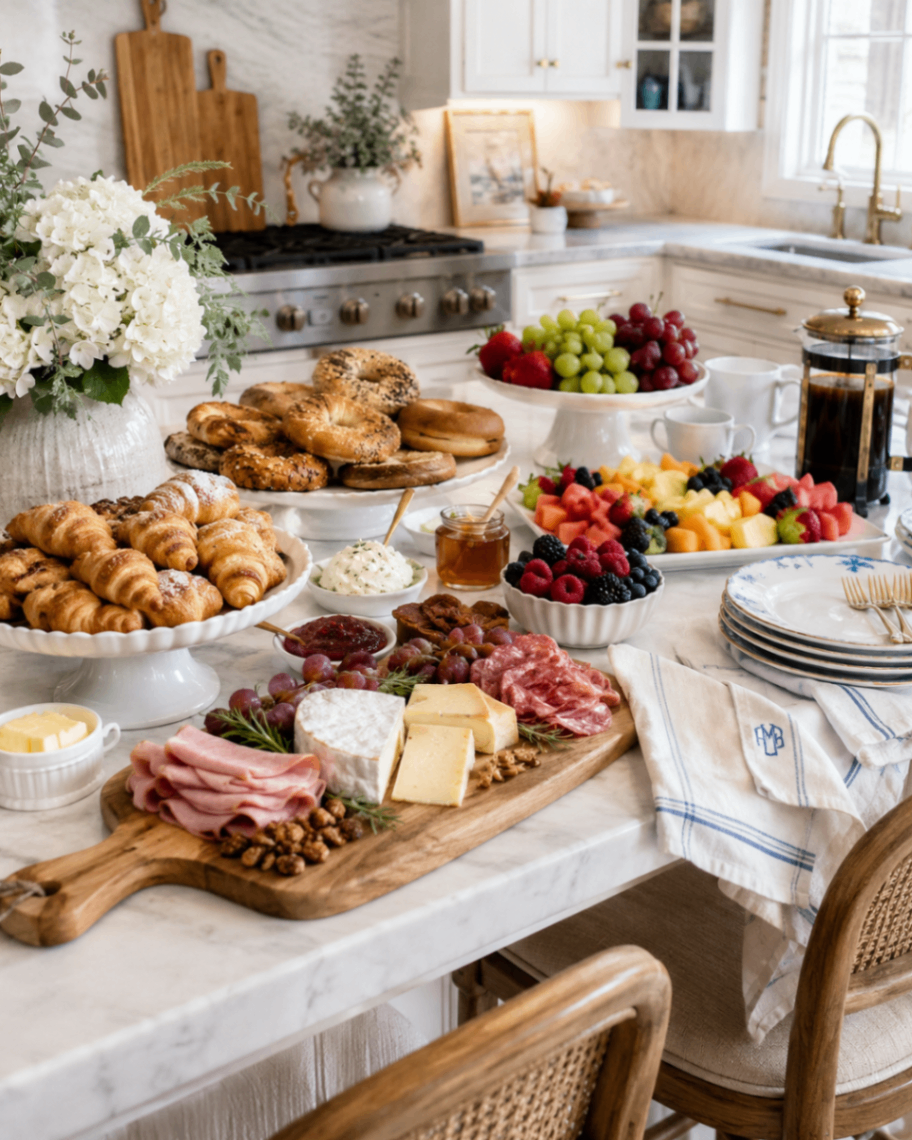Styled brunch spread with pastries, fruit, and savory bites for a South Florida event